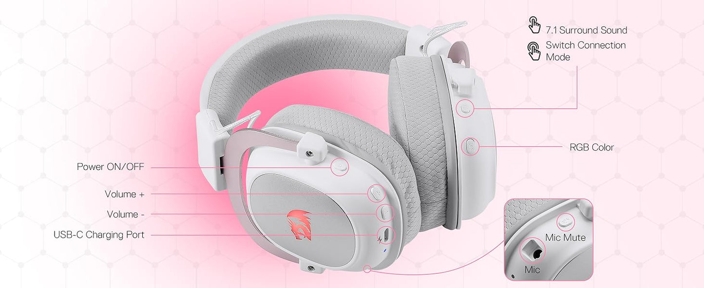 Redragon H510 PRO 3-Mode RGB Gaming 7.1 Surround Sound Headset, 53MM Audio Drivers in Memory Foam Ear Pads Headphone
