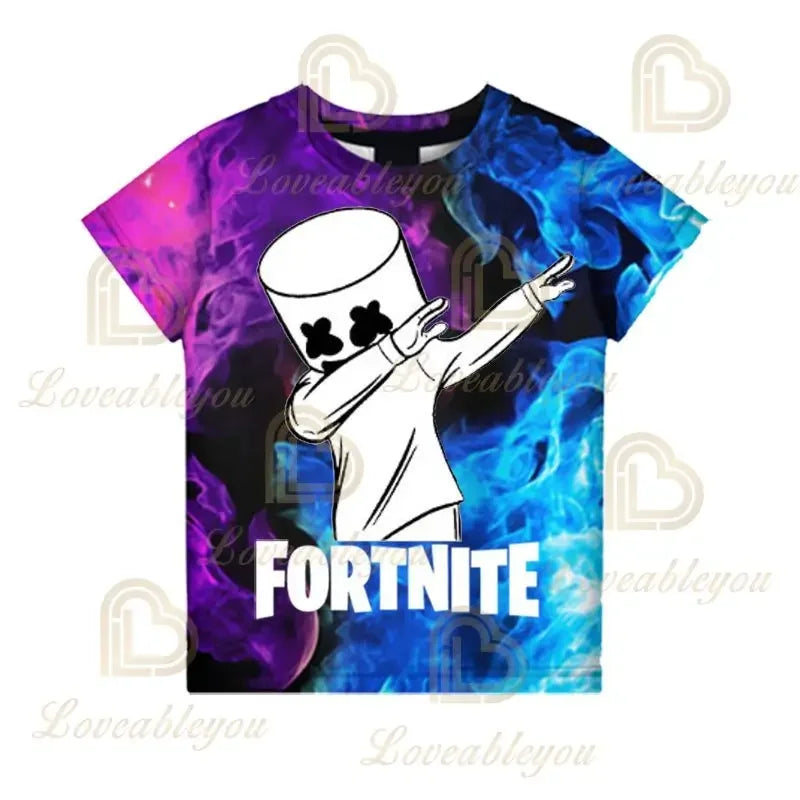 Nova T-shirt de Verão Fortnite para Rapazes, T-shirt Cartoon Gira, Manga Curta, para Homem, Mulher e Criança, T-shirts para Adolescentes, Tops Streetwear