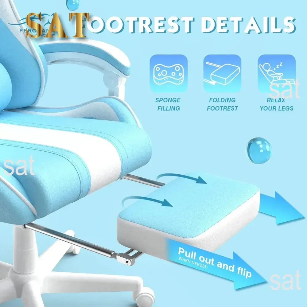 Kawaii Light Blue Gaming Chair with Bunny Ears, Ergonomic Cute Gamer Chair with Footrest, Massage Function, Reclining Racing Style Computer Chair