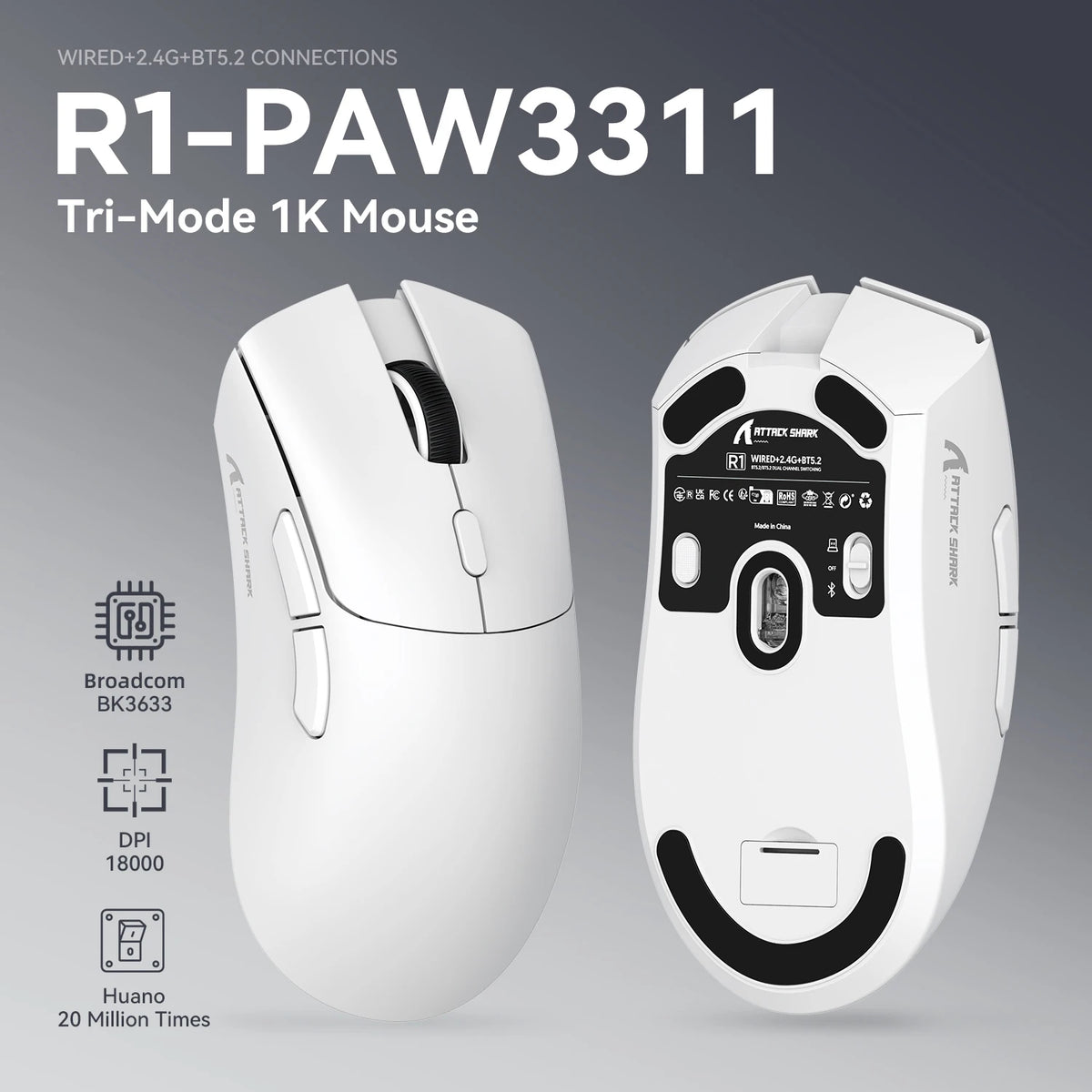 ATTACK SHARK R1 Tri-Mode Gaming Mouse, 18,000 DPI PixArt PAW3311 Wireless Gaming Mouse, 59g Ultralight Gaming Mouse for PC, Mac & Laptop