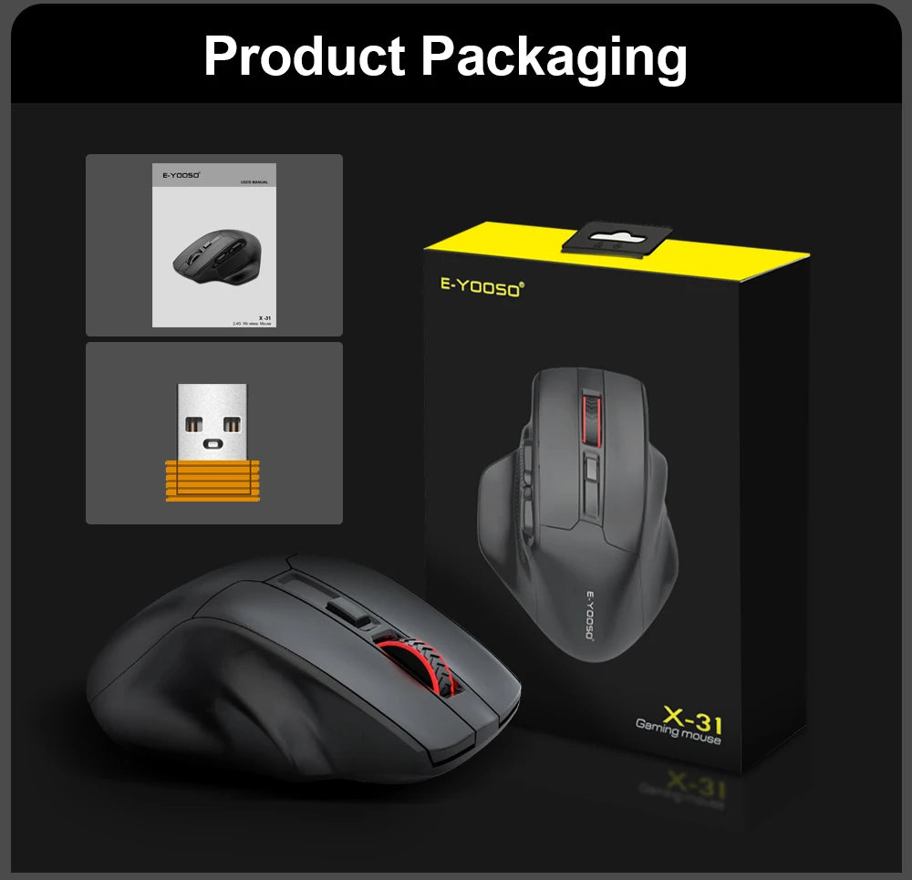 Ratón gaming E-YOOSO X-31 Pro USB grande con Bluetooth 2.4G inalámbrico, PAW3212, 4800 DPI, para gamers, ordenador portátil y PC
