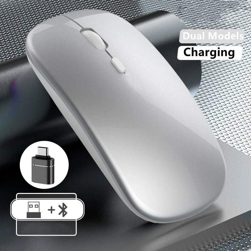 Rato sem fios recarregável de modo duplo, compatível com Bluetooth, 2.4G USB, para computador portátil, iPad, tablet e notebook, rato gaming