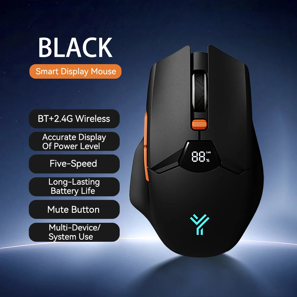 Rato Bluetooth Sem Fios com Indicador Digital de Bateria, Rato Ergonómico Silencioso para PC, Portátil e Gaming, 2.4G/Bluetooth 5.0
