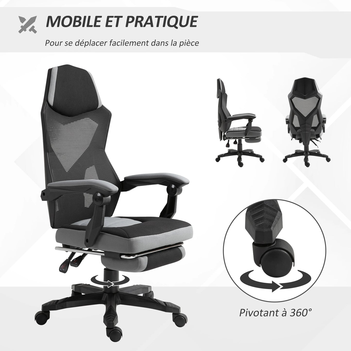 Ergonomic Gaming Office Chair Grey & Black with Adjustable Height, 360° Swivel, Mesh Fabric, High Density Foam, Comfortable Computer Chair