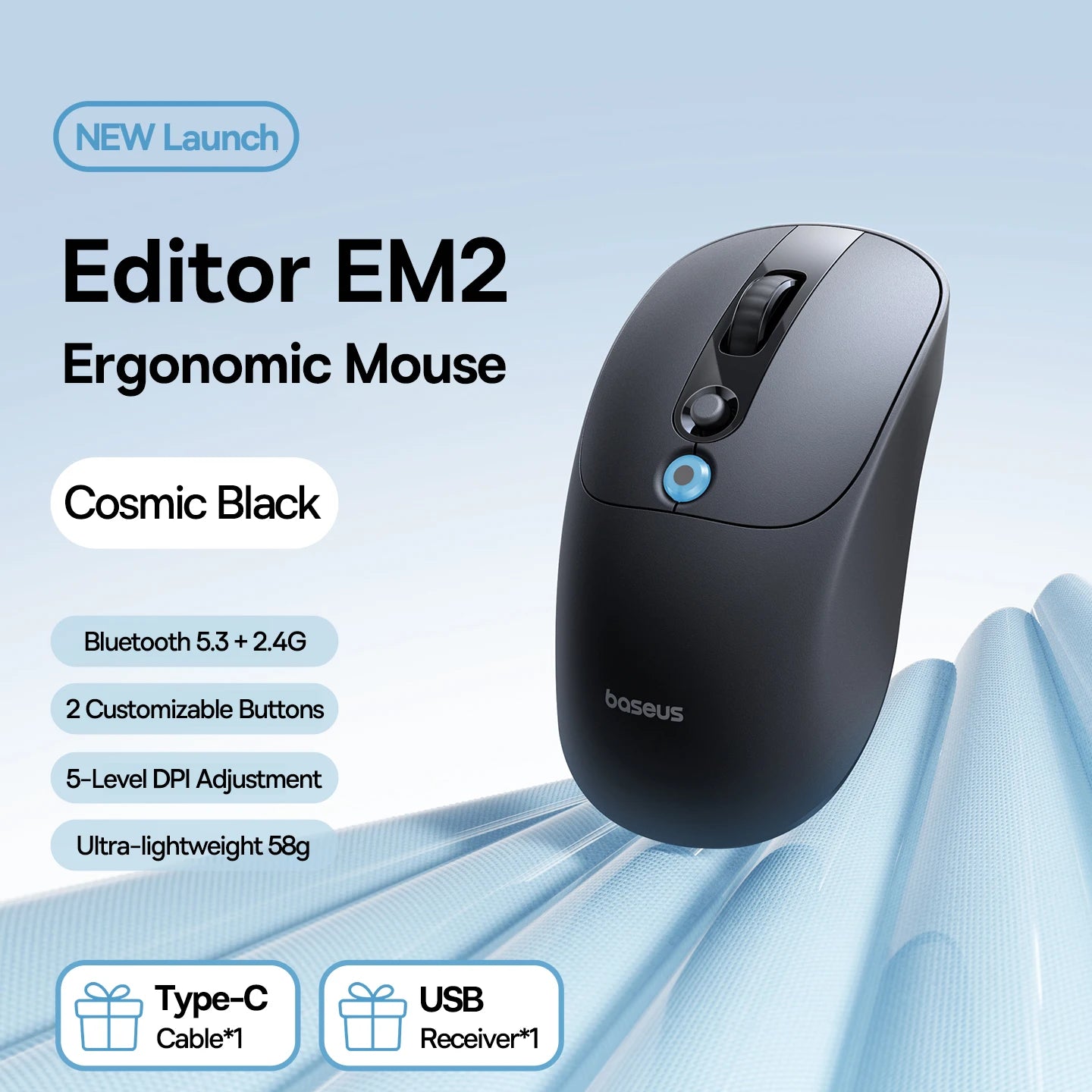 【NOU】Mouse wireless ergonomic Baseus EM2 Bluetooth 5.3 2.4G, încărcare Type-C, ultra-ușor și silențios, cu buton personalizabil