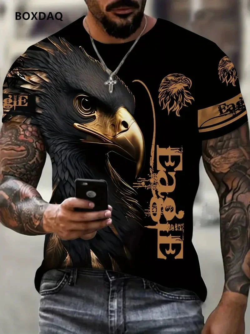 T-shirts Fashion Eagle para homem, corte largo, gola redonda, tops casuais de manga curta, estampado 3D de animal, T-shirt streetwear, tamanho grande 6XL, tee respirável