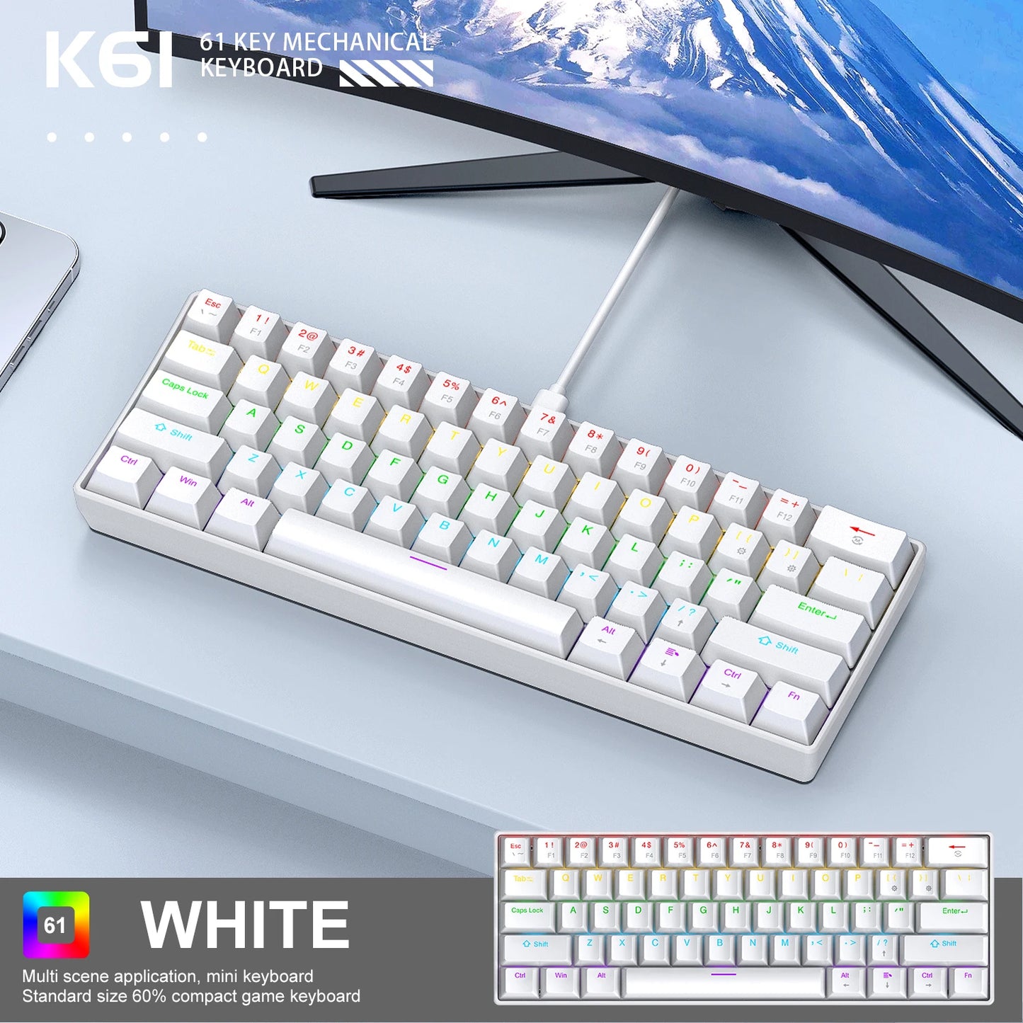 61 Keys RGB Mechanical Keyboard Wired K61 Mini Keyboard 60% Portable Black, White, Red/Blue Switch for Gaming/Work