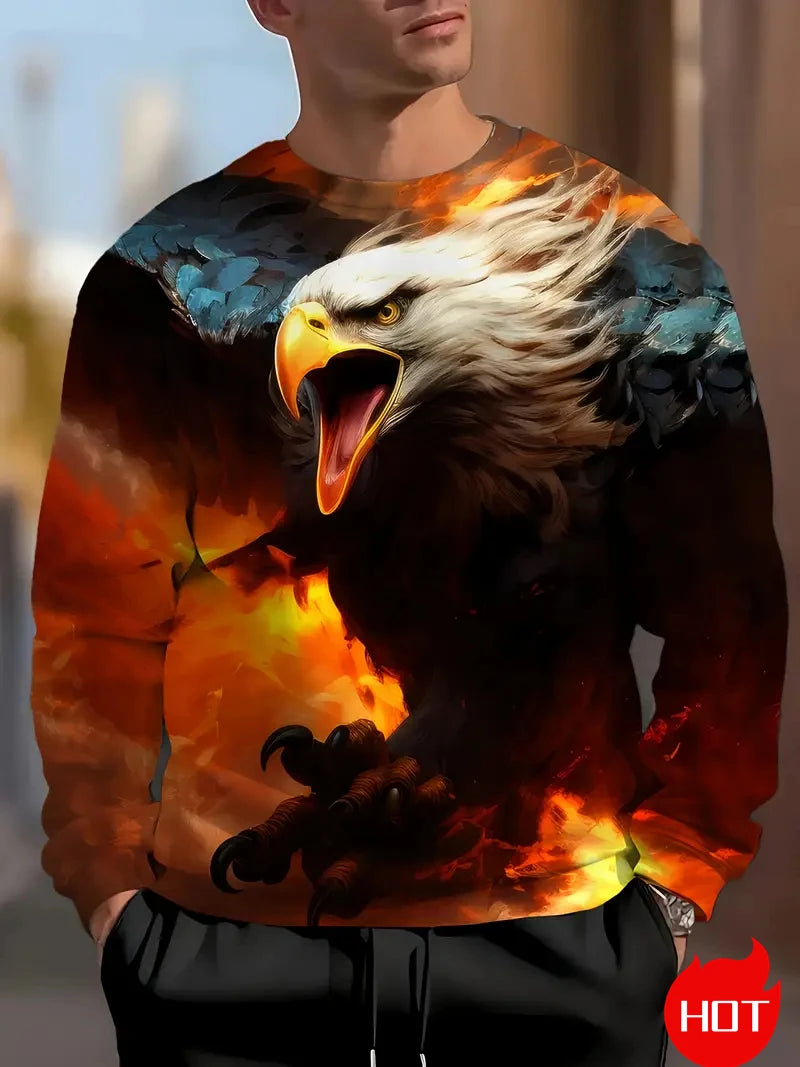 Herren-Sweatshirt mit Adler-Print, langärmelig, Streetwear, 3D-Tierdruck, Hip-Hop-Oberteil für Männer, Plus Size, Rundhals-Pullover