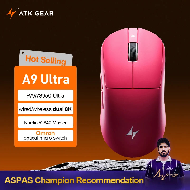 Mouse gaming wireless ATK Dragonfly A9 Ultra PAW3950 ultraleggero tri-mode ergonomico e-sport per gamer FPS A9 SE Plus