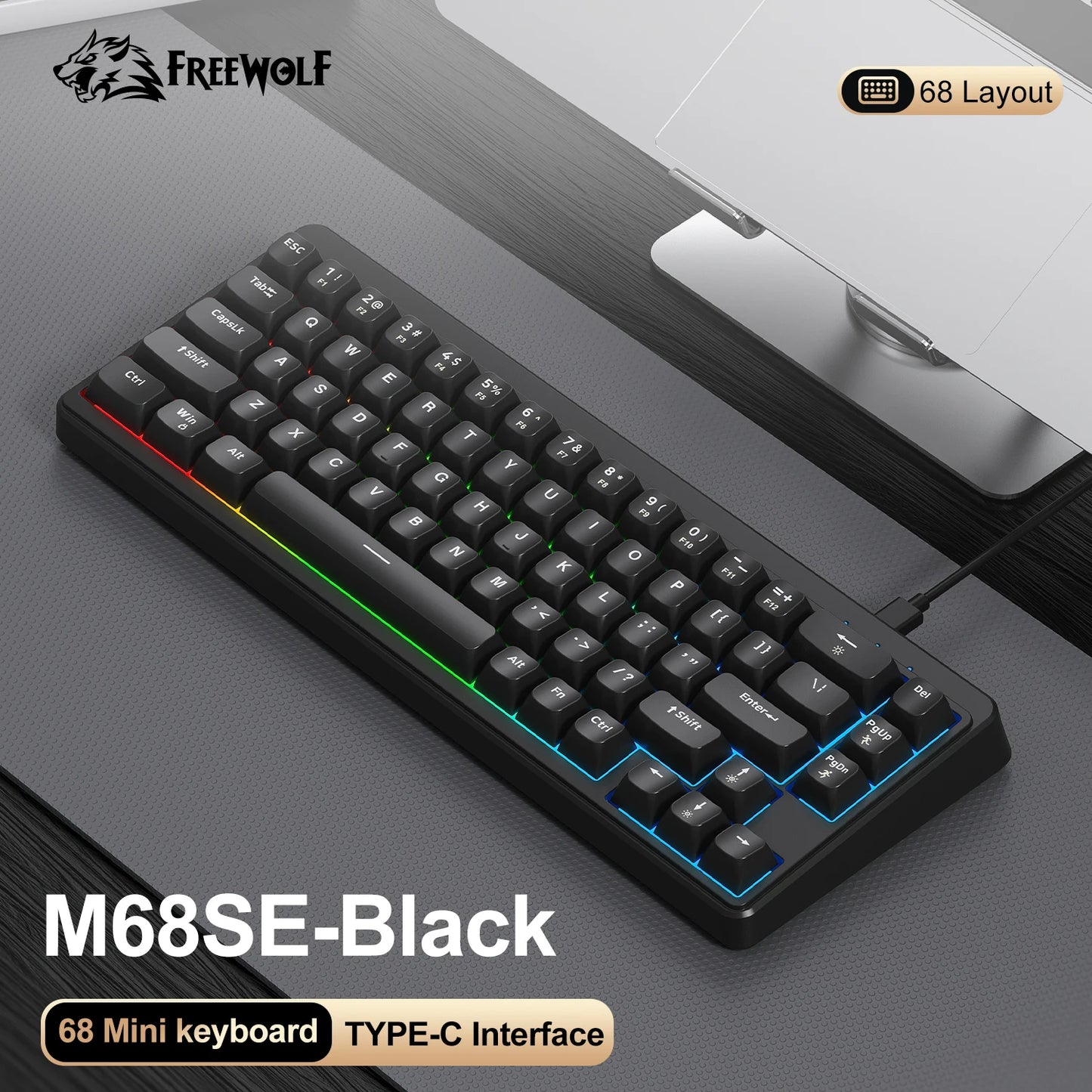 FREEWOLF M68SE tastiera mini cablata a 68 tasti, retroilluminazione RGB, Type-C, layout 68%, compatta, per gaming, ufficio, PC e laptop