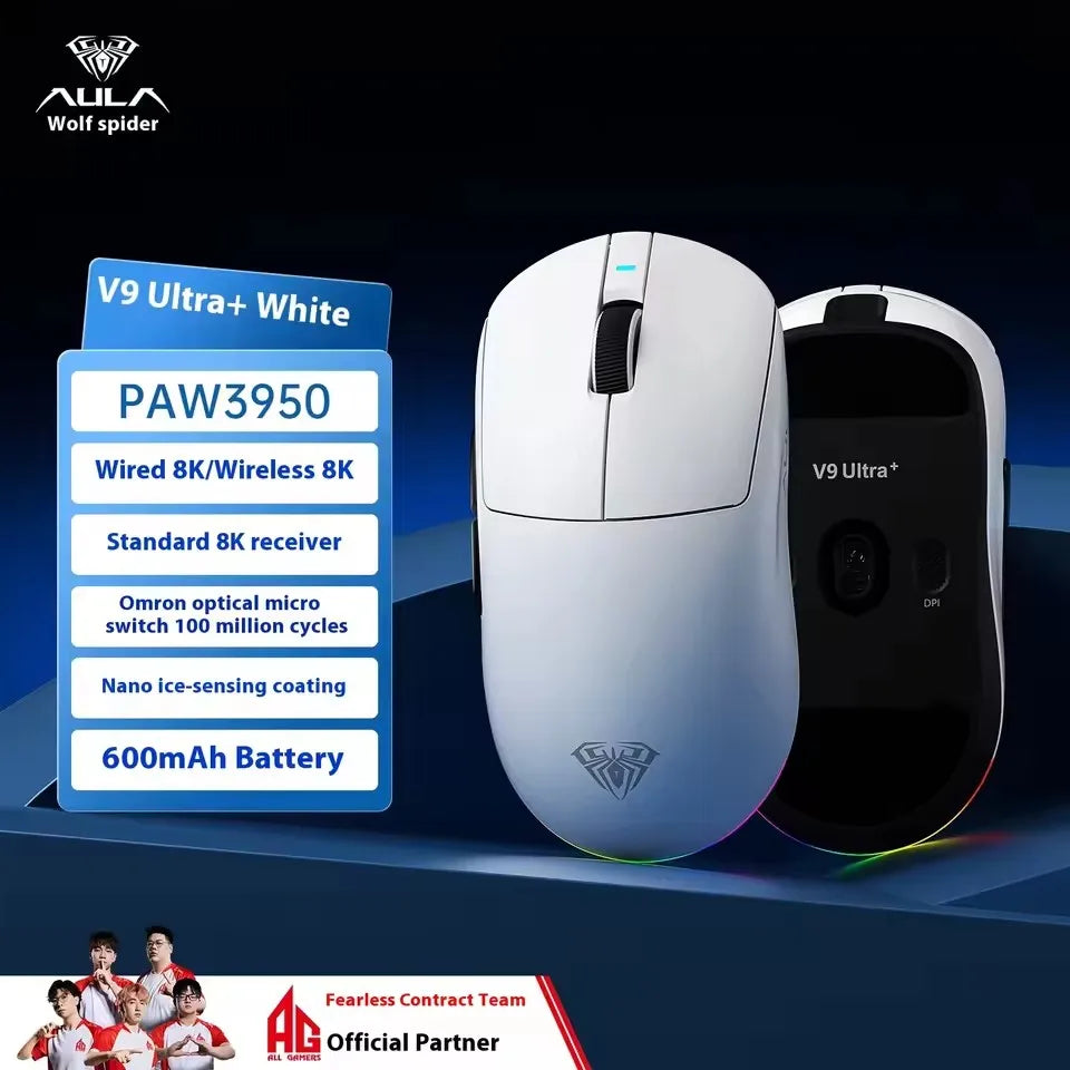 Aula V9 Ultra Wireless E-sports Gaming Mouse Double 8K 3 Mode PAW 3950 8K 55g Lightweight Ergonomic Mouse Custom PC Accessory
