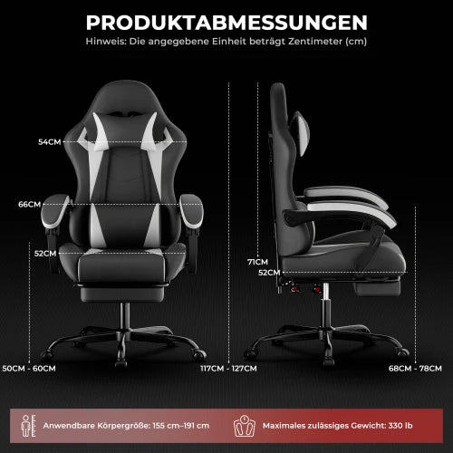 Ergonomic Gaming Chair, Lumbar & Head Pillow, Adjustable Height, Black-Grey