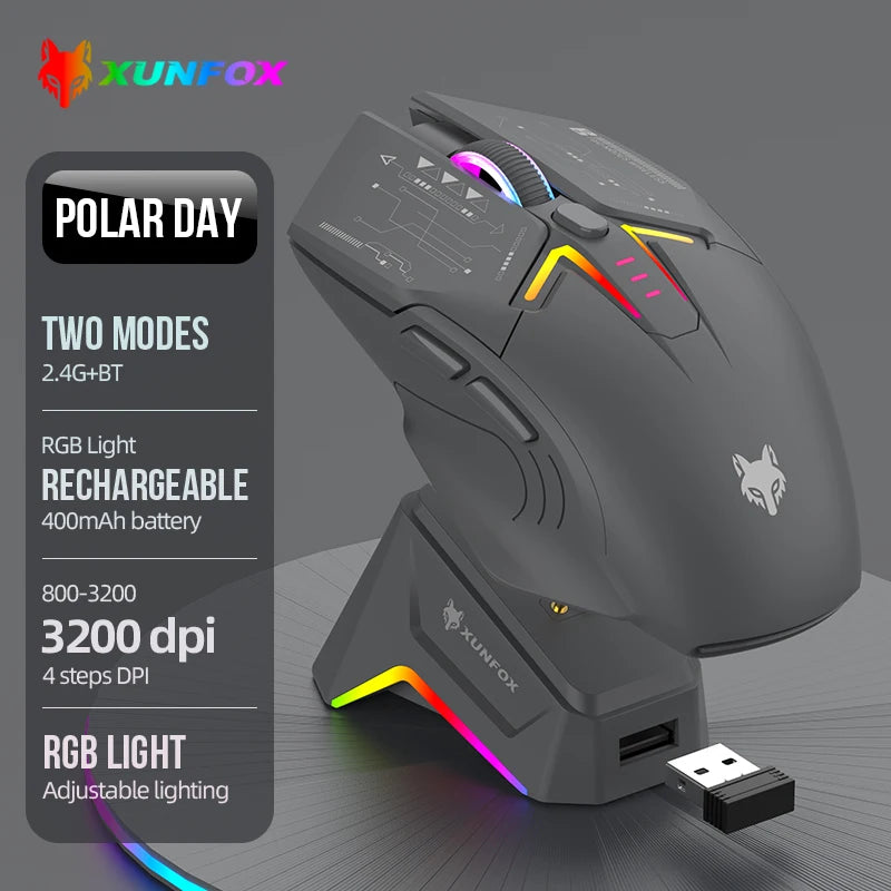 Mouse wireless Bluetooth dual-mode XUNSVFOX H2 con effetti di illuminazione RGB, per laptop, gaming e ufficio, ricarica magnetica