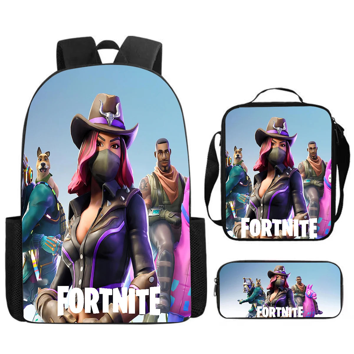 Set Fortnite Cartoon de 3 piezas, gran capacidad, adecuado para niños y niñas de 5 a 8 años, incluye mochila, bolsa para comida y estuche para lápices
