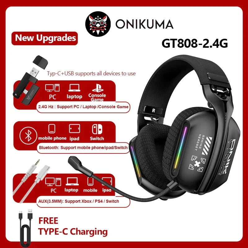 Auscultadores Gaming Sem Fios ONIKUMA GT828 Bluetooth 5.3 RGB com Microfone, Cancelamento de Ruído e Ligação em 4 Modos para PC, PS5 e Portátil