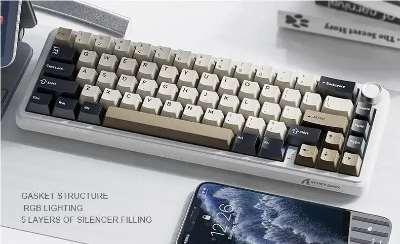 Teclado mecánico inalámbrico Attack Shark X66 con diseño compacto 65%, retroiluminación RGB, montaje gasket, hot swap, Bluetooth, USB-C, PBT y batería de gran capacidad