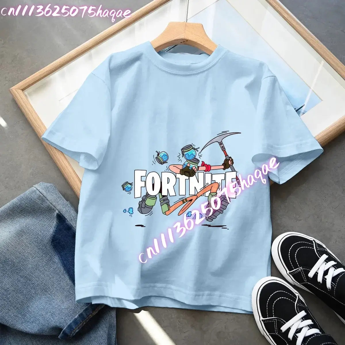 Camiseta azul de algodón para niños Fortress Night, manga corta, diseño kawaii de dibujos animados para niño y niña, ropa de verano, regalo