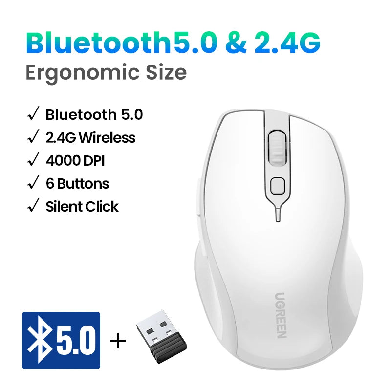 UGREEN Wireless Mouse Bluetooth 5.0 Ergonomic 4000 DPI 6 Mute Buttons For MacBook Computer Tablet Laptop PC 2.4G Mice Mouse
