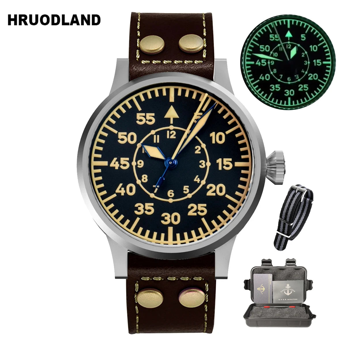 Hruodland Pilot Men's Automatic Mechanical Watch PT5000 Sapphire Luminous C3 Stainless Steel Waterproof 10Bar Men's Watch