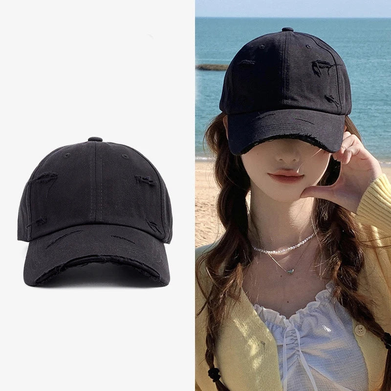 Men's and women's new spring and summer hip-hop versatile soft top curved eave retro personality distressed hole duckbill hat
