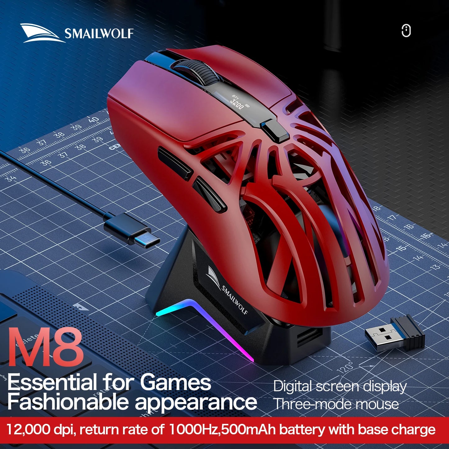 SMAILWOLF M8 Wireless Bluetooth Tri-Mode Mouse Lightweight PAW3311 Gaming RGB Magnetic Charging 12000dpi Gaming Mouse
