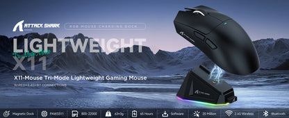 Mouse da gaming wireless ATTACK SHARK X11 con dock di ricarica e sensore gaming PixArt PAW3311, BT/2.4G wireless/cablato