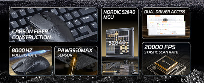 Ratón gaming inalámbrico ATTACK SHARK R11 ULTRA de fibra de carbono 49g 8000Hz, 42000 DPI, 20000 FPS, PAW3950MAX, chip Nordic 52840