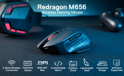 Mouse da gaming wireless Redragon M656 Gainer, 4000 DPI, 2.4Ghz, mouse gamer wireless con 5 livelli DPI, 7 pulsanti macro, retroilluminazione LED rossa