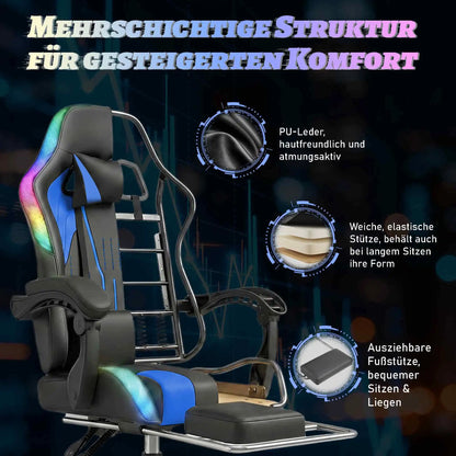 Devoko Ergonomic gaming chair with multi-color RGB lighting, footrest, height adjustable and tiltable for Games
