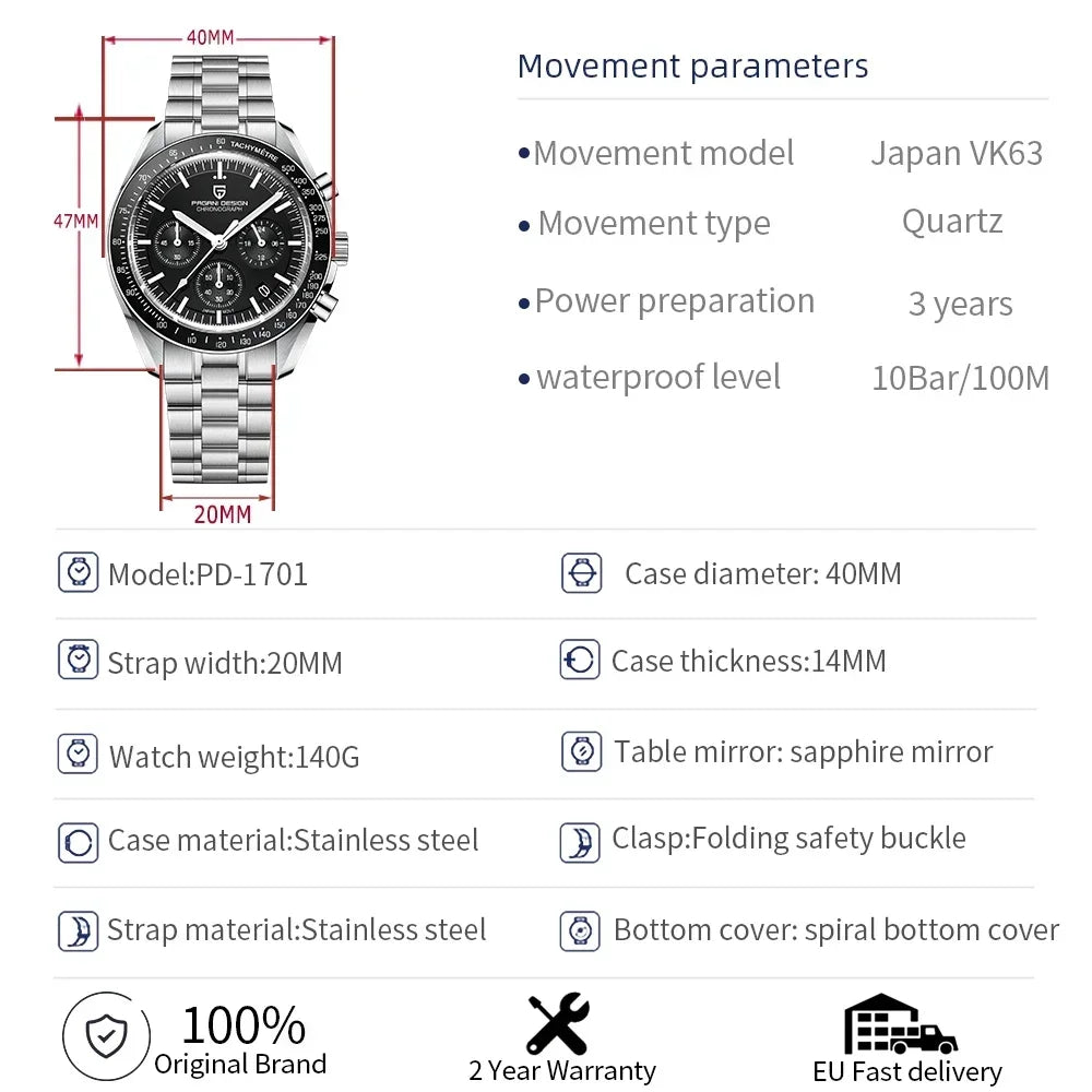 Nuovo orologio da uomo PAGANI DESIGN V6 Moon 2026 Speed Sports, cronografo al quarzo, zaffiro AR e lunetta in ceramica, orologio sicuro