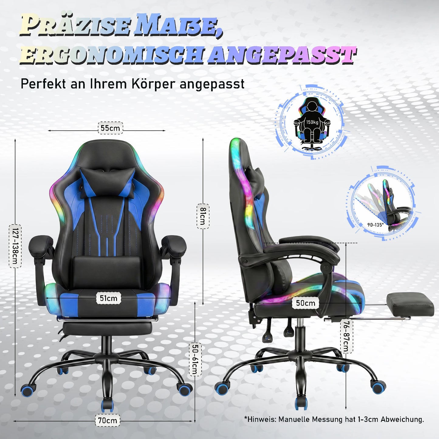 Devoko Ergonomic gaming chair with multi-color RGB lighting, footrest, height adjustable and tiltable for Games