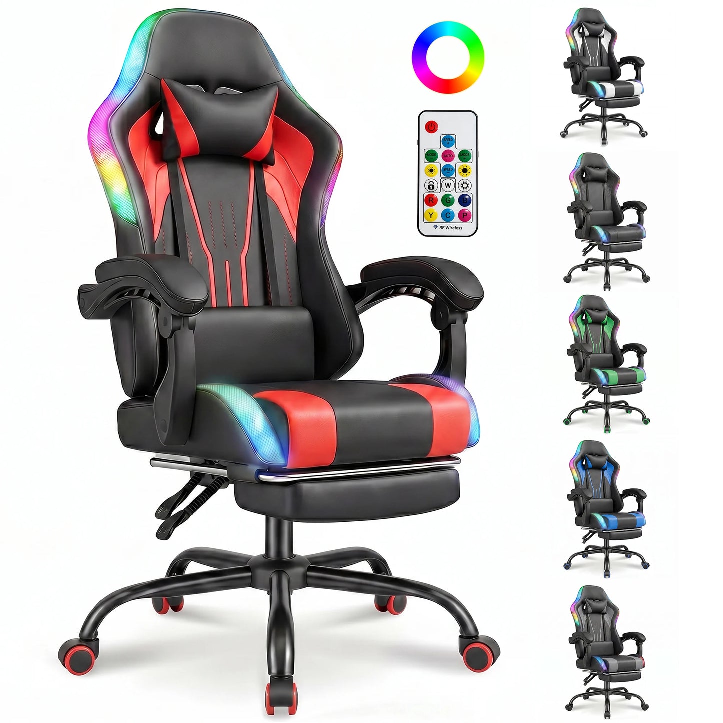Devoko Ergonomic gaming chair with multi-color RGB lighting, footrest, height adjustable and tiltable for Games