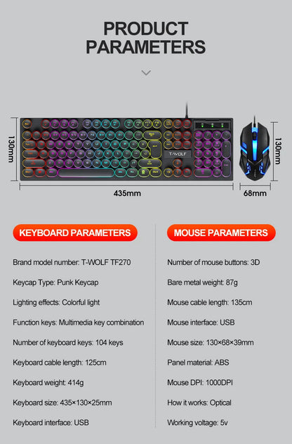 Russian Keyboard with Russian English Letter 100% Keyboard Mouse Kit Translucent Keycaps Backlight Punk Round Keycap Wired TF270