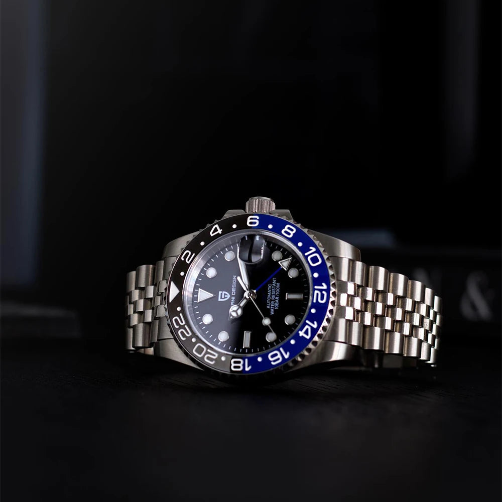 Montre mécanique pour homme PAGANI DESIGN (40 mm) – Cadran violet, fonction GMT, bracelet type Jubilee, verre saphir, étanche, mouvement automatique