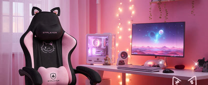 GTPLAYER Cute Gaming Chair with Velvet Fabric Ergonomic Office Chair Gamer Chair with Cat Ears 150kg Pink