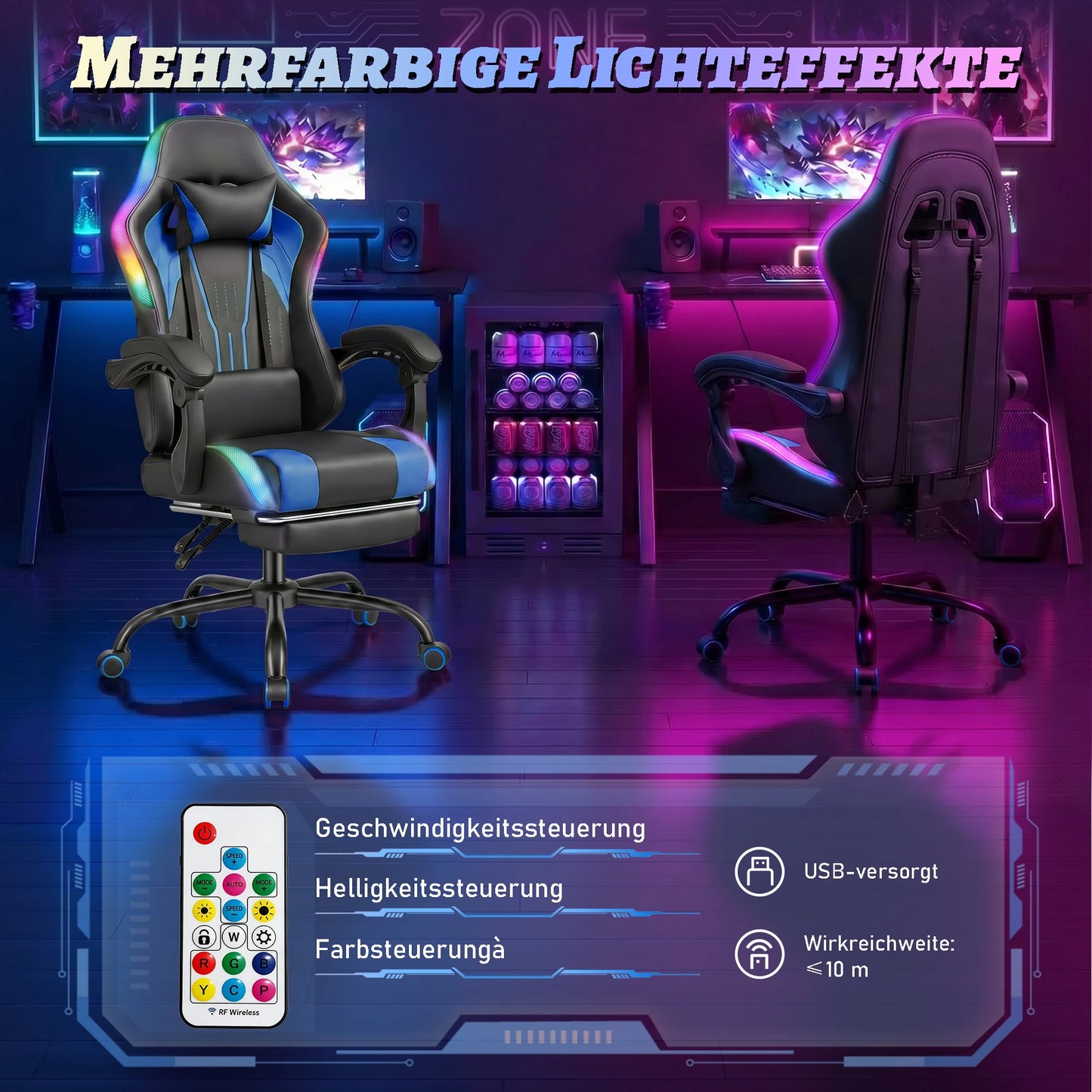 Devoko Ergonomic gaming chair with multi-color RGB lighting, footrest, height adjustable and tiltable for Games