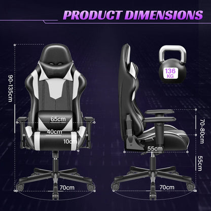 Gaming chair multi-directional adjustable PU leather ergonomic lumbar support Headrest Black and White