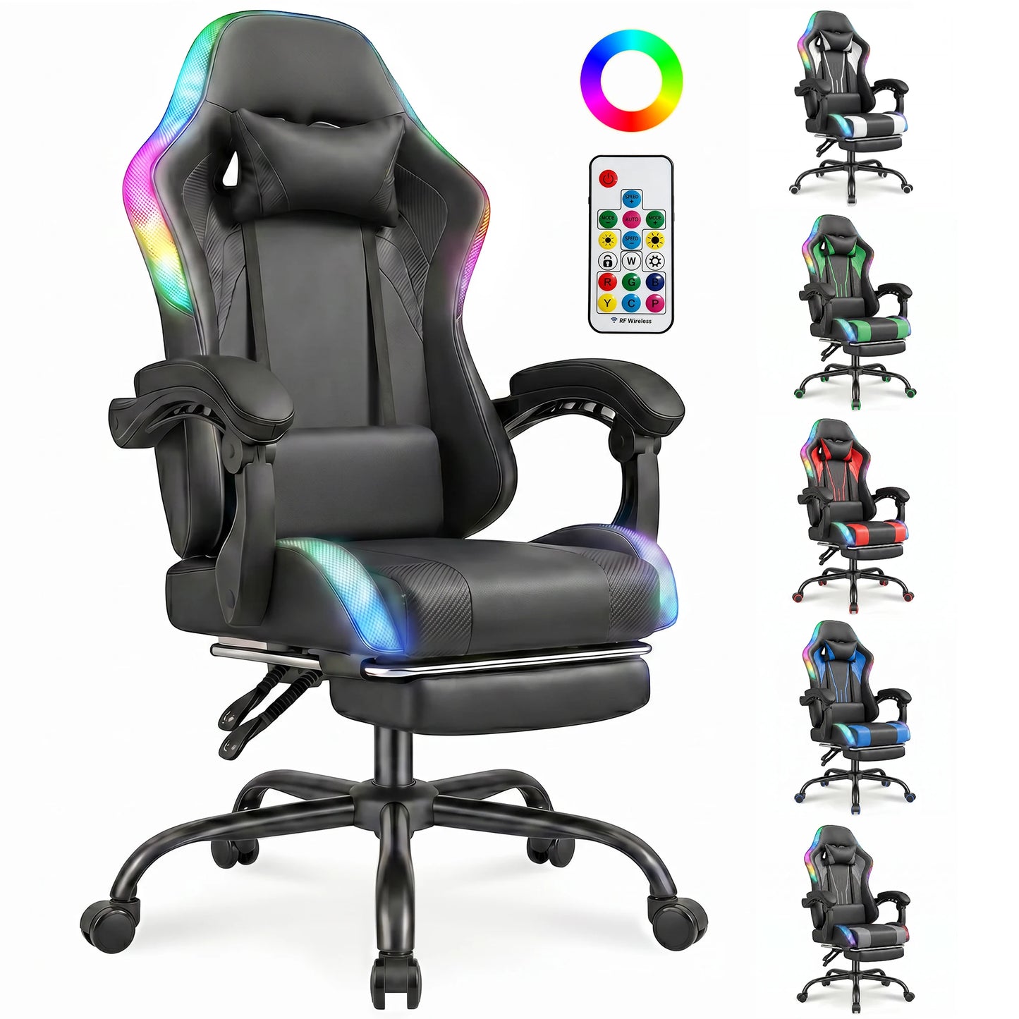 Devoko Ergonomic gaming chair with multi-color RGB lighting, footrest, height adjustable and tiltable for Games