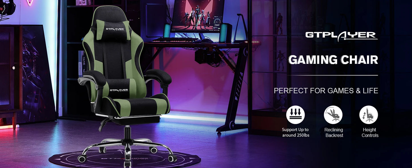 GTPLAYER Office Chair Gaming Chair Fabric Gaming Armchair Ergonomic Gamer Chair Footrest Headrest Lin Pillow Padded