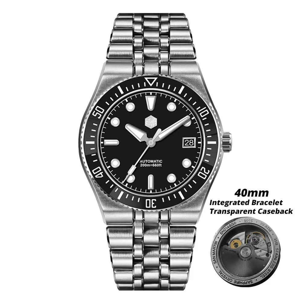 Relógio de mergulho de luxo para homem San Martin 40mm Miyota 9015, mostrador em esmalte sunburst, relógio de pulso mecânico automático, resistente à água 200m, SN0148
