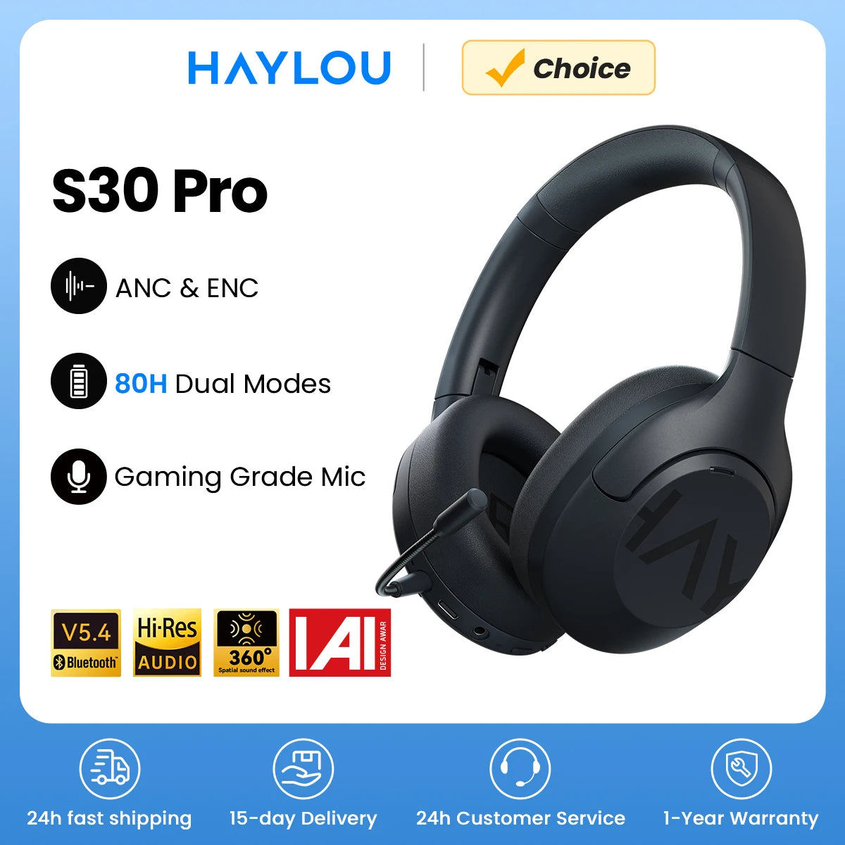 HAYLOU S30 Wireless Bluetooth 5.4 Headphones – 43dB Adaptive Noise Cancelling ANC Headset, 40mm Drivers, 80H Playtime, Hi-Res Audio Over-Ear Headphones