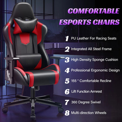 Gaming chair multi-directional adjustable PU leather ergonomic lumbar support Headrest Black Red