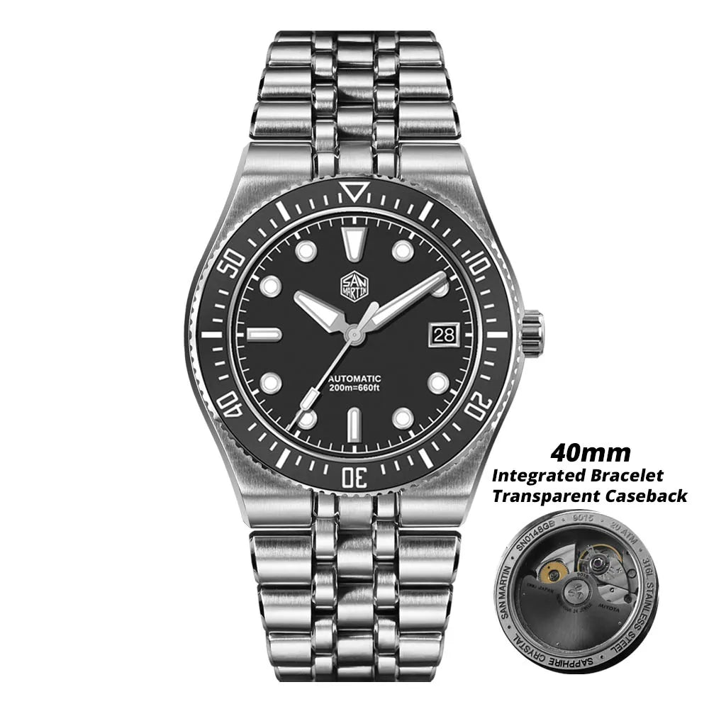 Relógio de mergulho de luxo para homem San Martin 40mm Miyota 9015, mostrador em esmalte sunburst, relógio de pulso mecânico automático, resistente à água 200m, SN0148