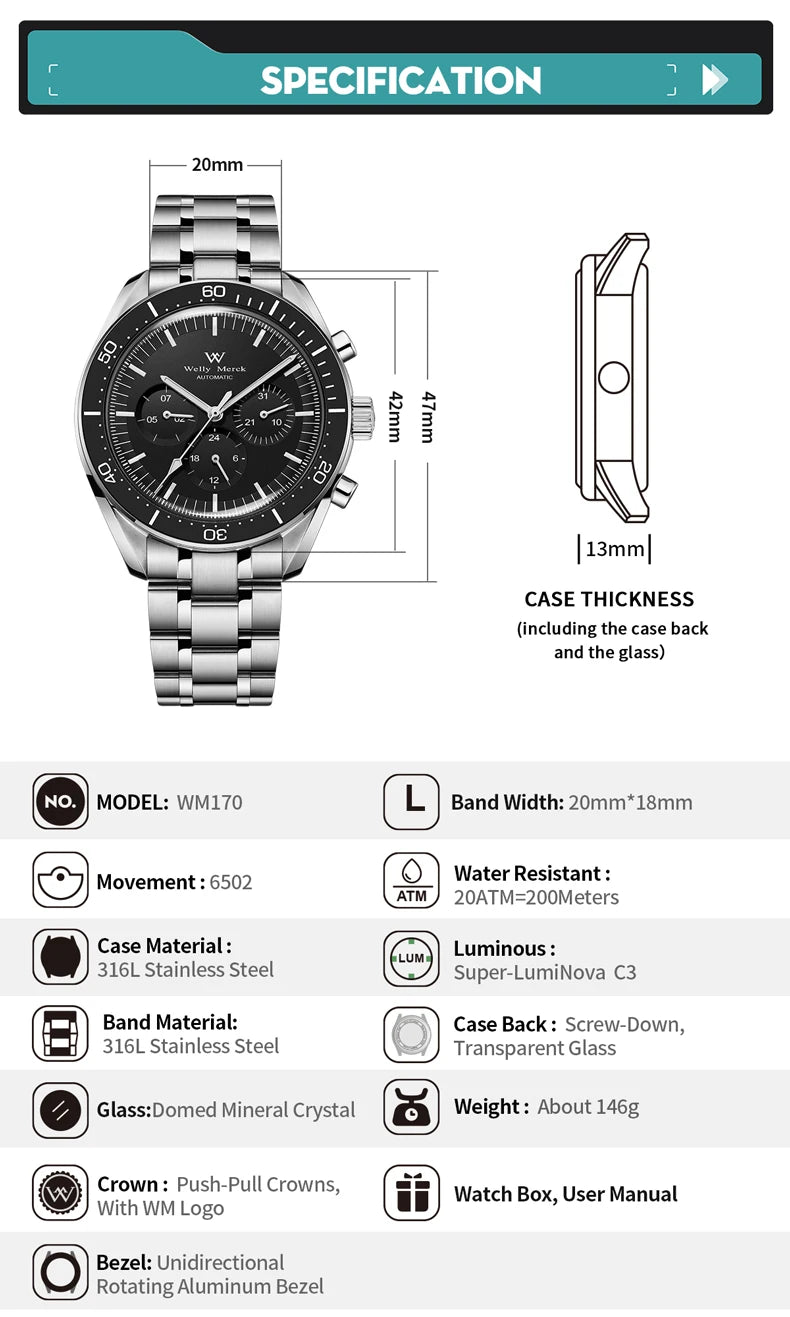 Orologio WM automatico meccanico 200M impermeabile casual classico business Welly Merck da uomo 170M-WM