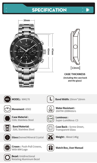 Orologio WM automatico meccanico 200M impermeabile casual classico business Welly Merck da uomo 170M-WM