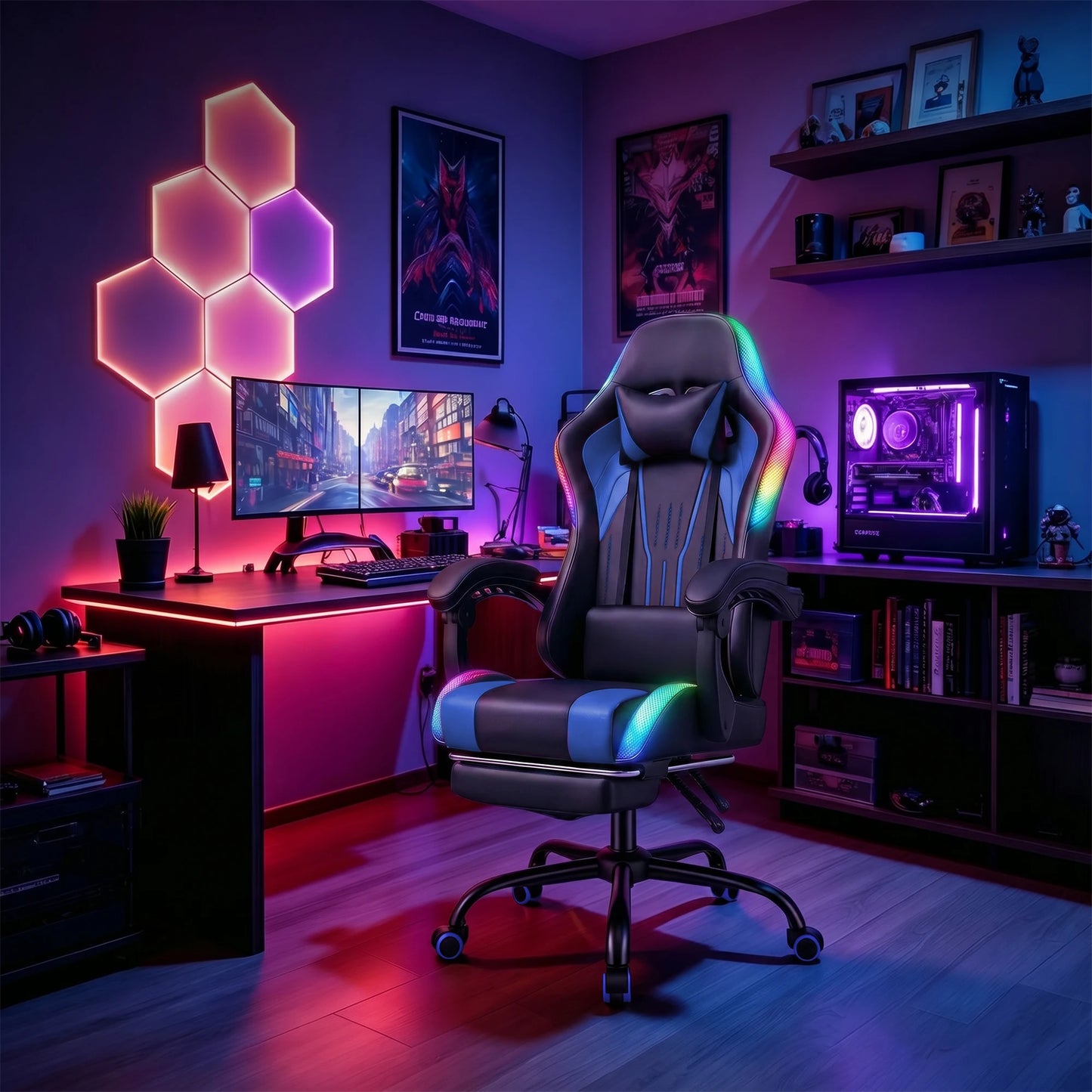 Devoko Ergonomic gaming chair with multi-color RGB lighting, footrest, height adjustable and tiltable for Games