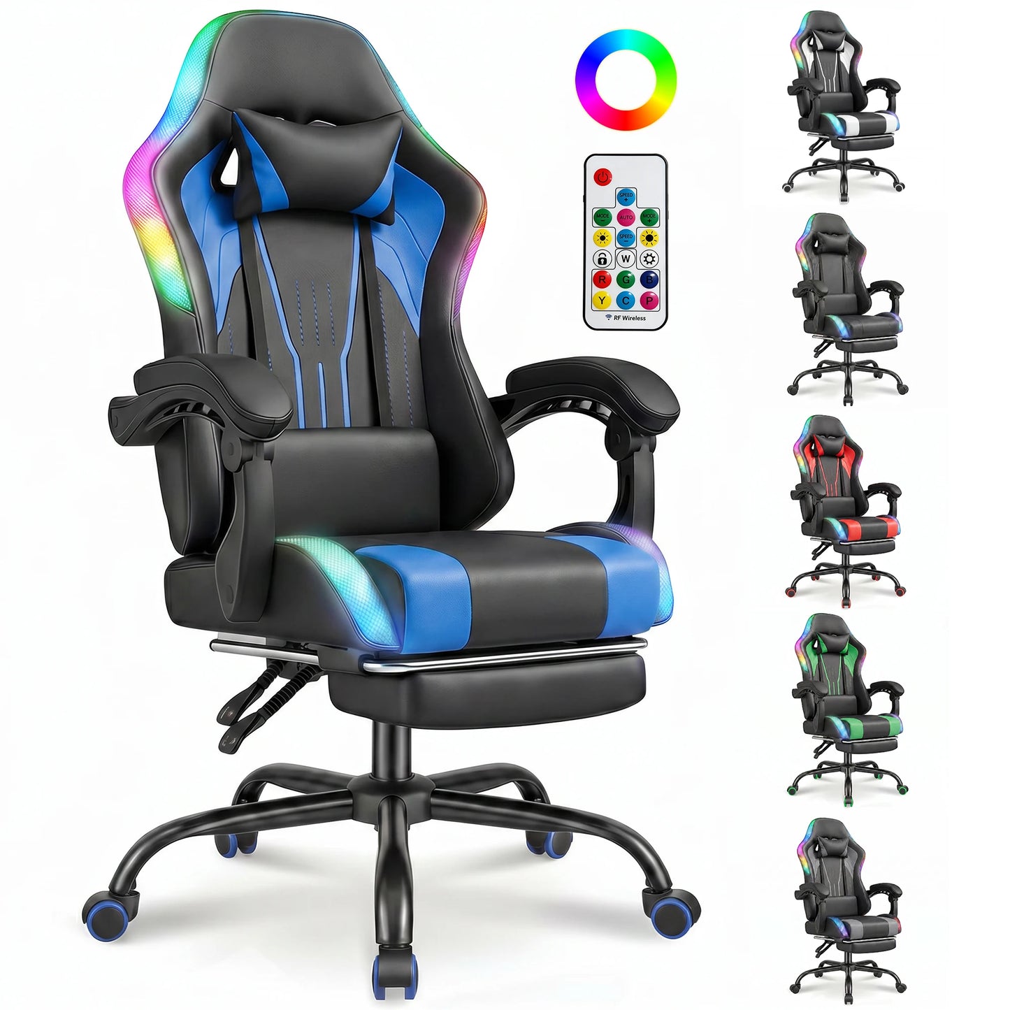 Devoko Ergonomic gaming chair with multi-color RGB lighting, footrest, height adjustable and tiltable for Games
