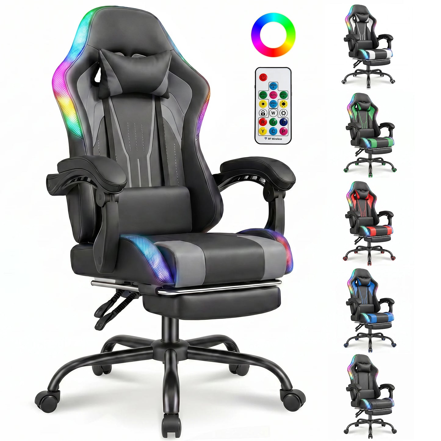 Devoko Ergonomic gaming chair with multi-color RGB lighting, footrest, height adjustable and tiltable for Games