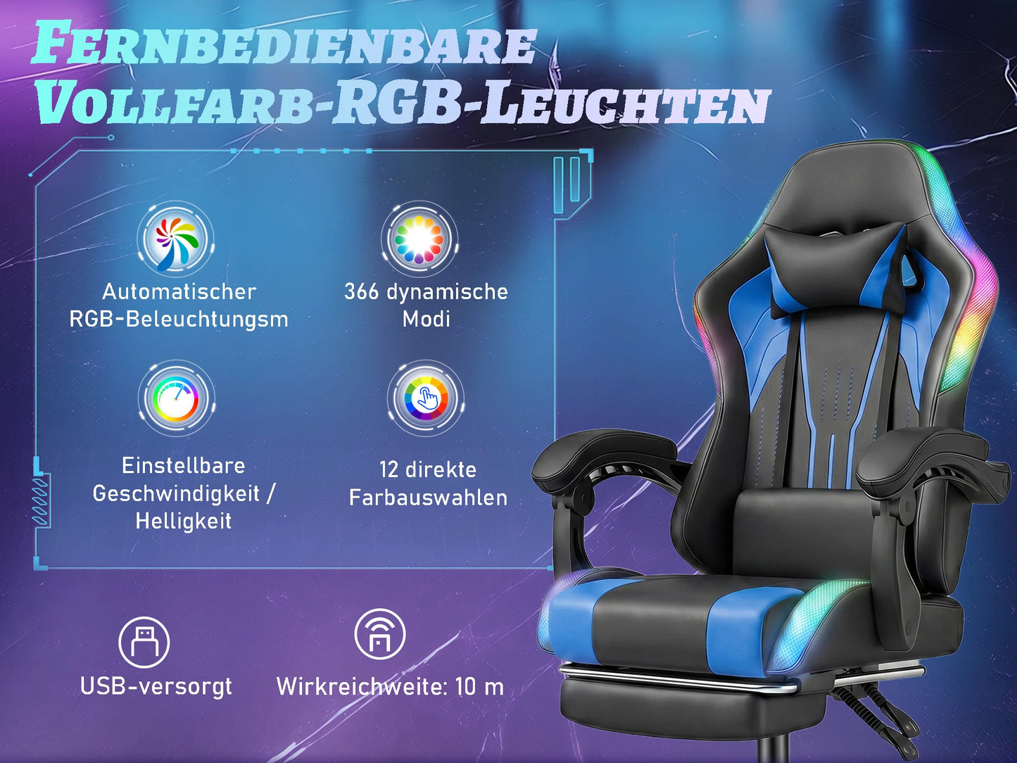 Devoko Ergonomic gaming chair with multi-color RGB lighting, footrest, height adjustable and tiltable for Games