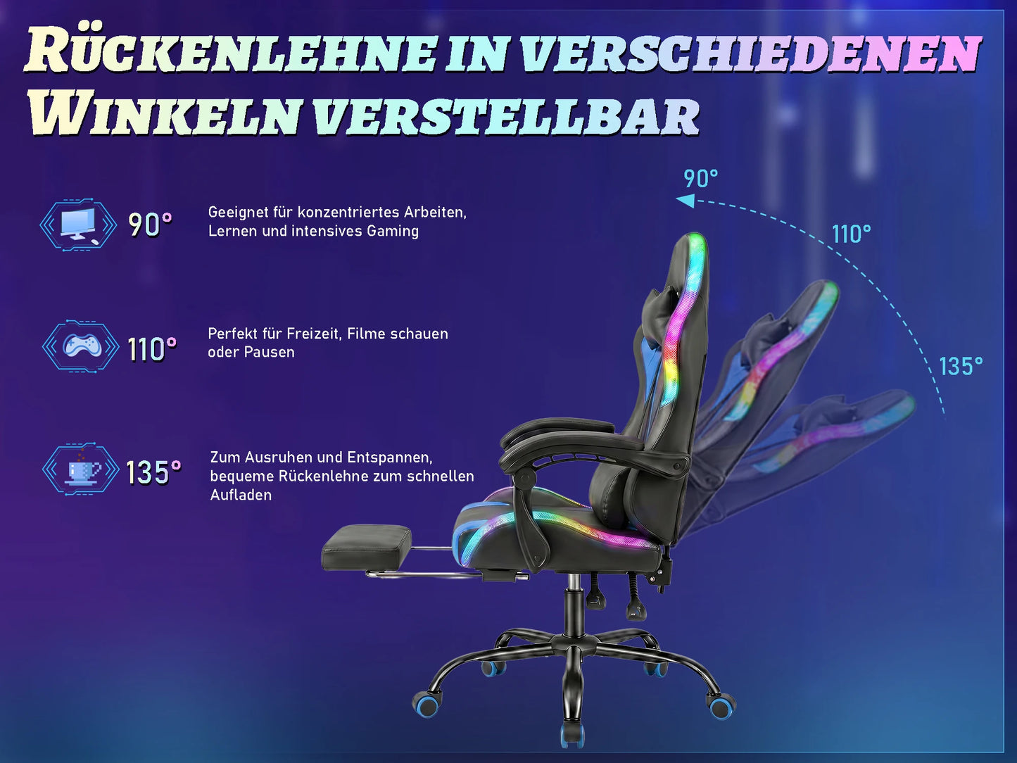Devoko Ergonomic gaming chair with multi-color RGB lighting, footrest, height adjustable and tiltable for Games